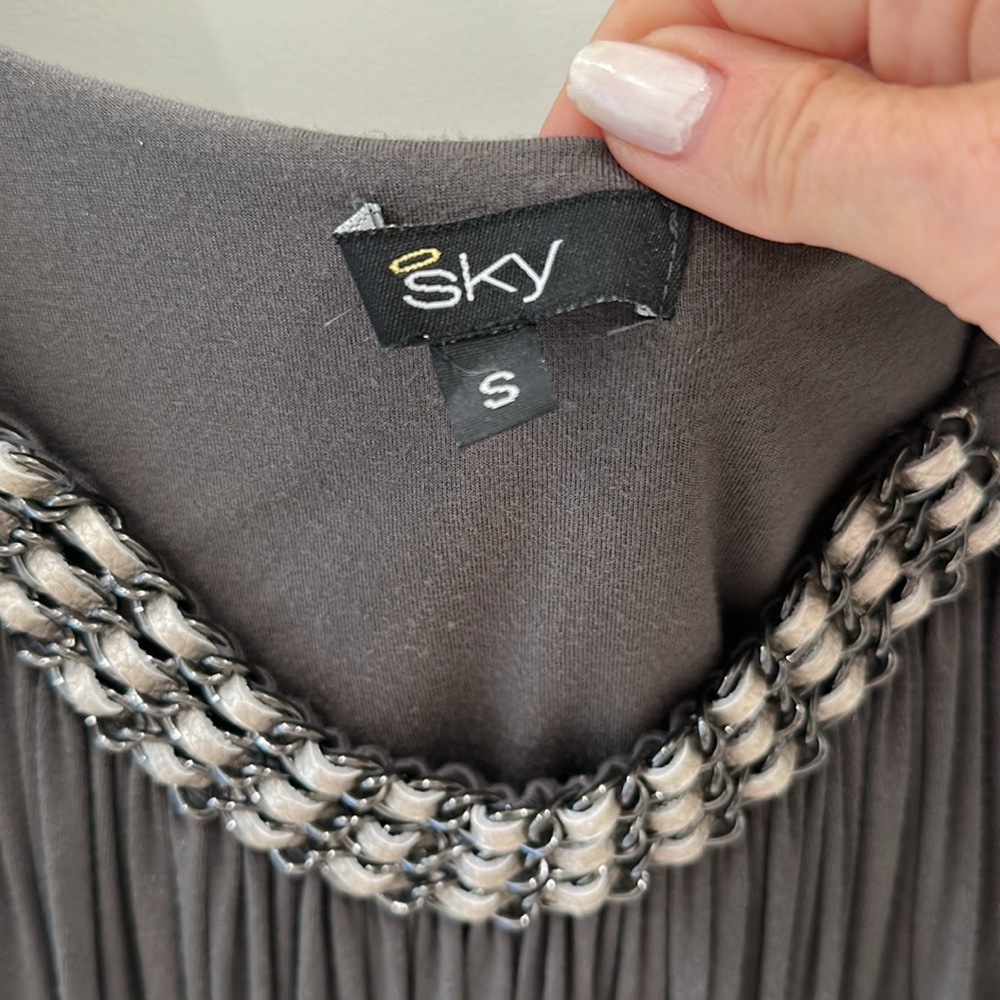Sky Gunmetal Gray Top with Ruched Sleeves and Bottom Hem Chain Embellishments - Picture 3 of 4